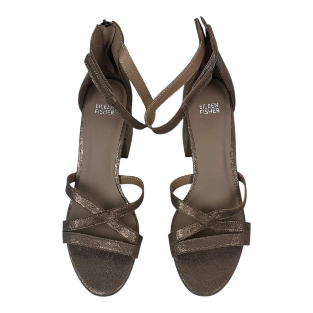 Eileen Fisher Nuni Sandal Women's Size 9.5 Gold Metallic Leather Block Heel Shoe